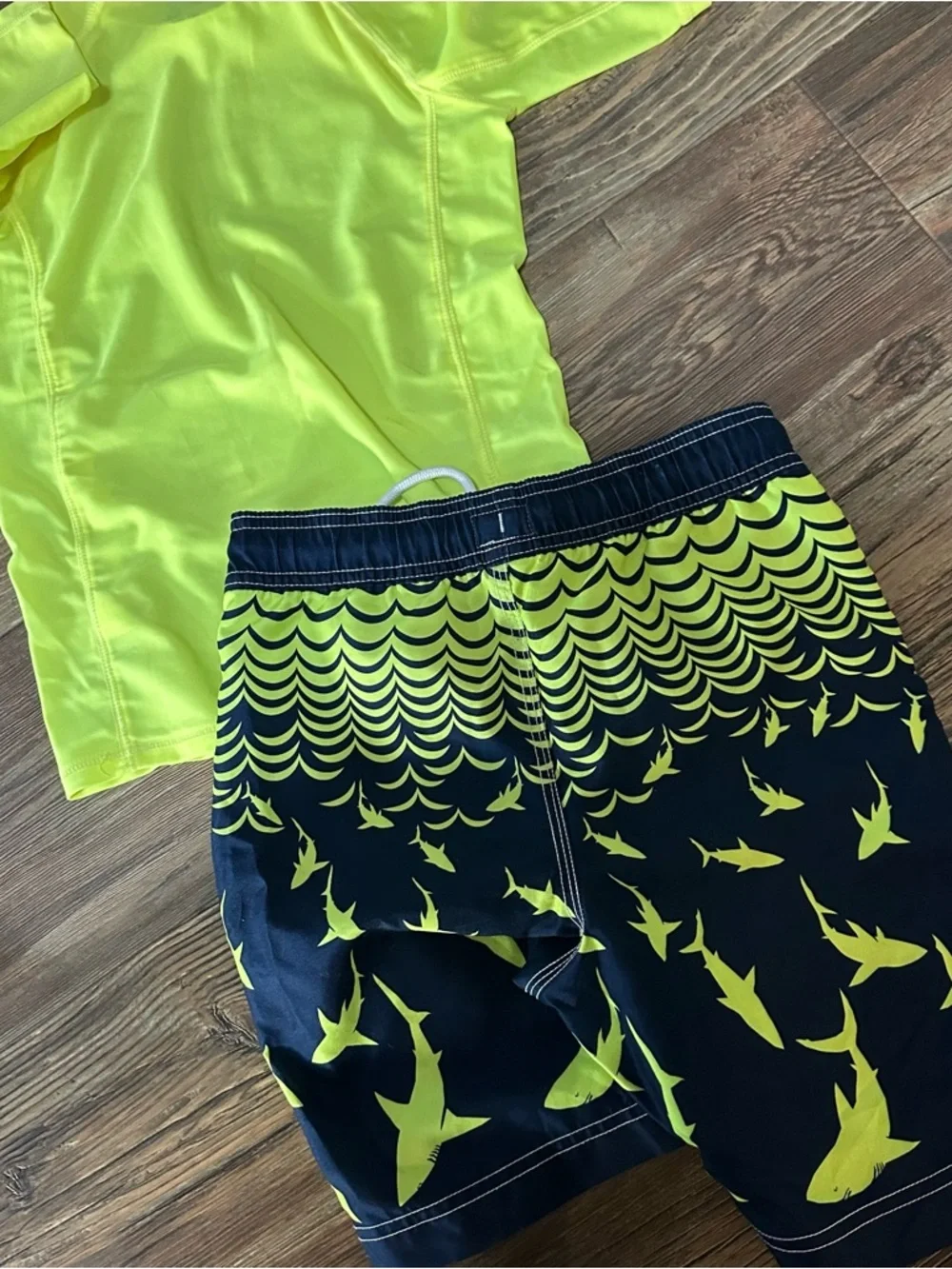 GAP kids neon rashguard shirt and shark swim trunks boys S 6/7 swimsuit shorts